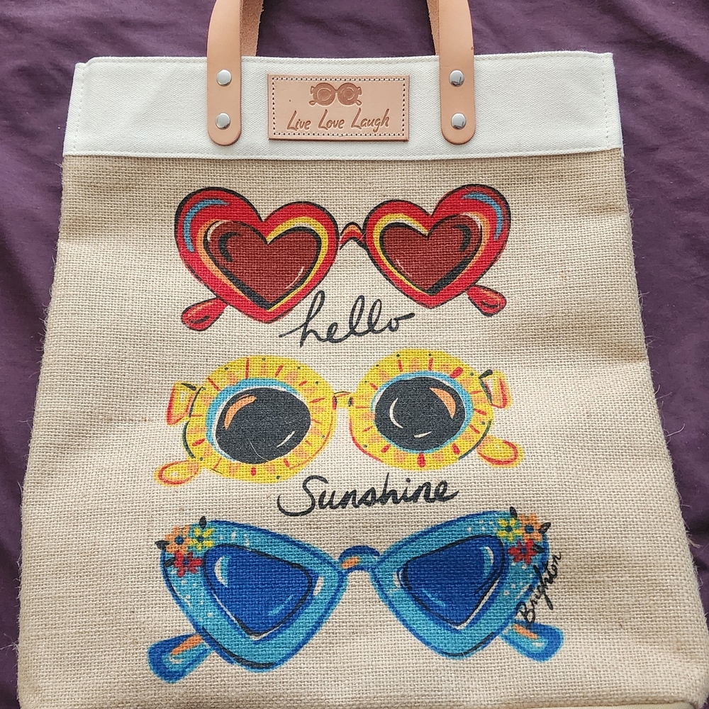 Brighton Burlap Love Makes The World Go Round Tote Leather Straps